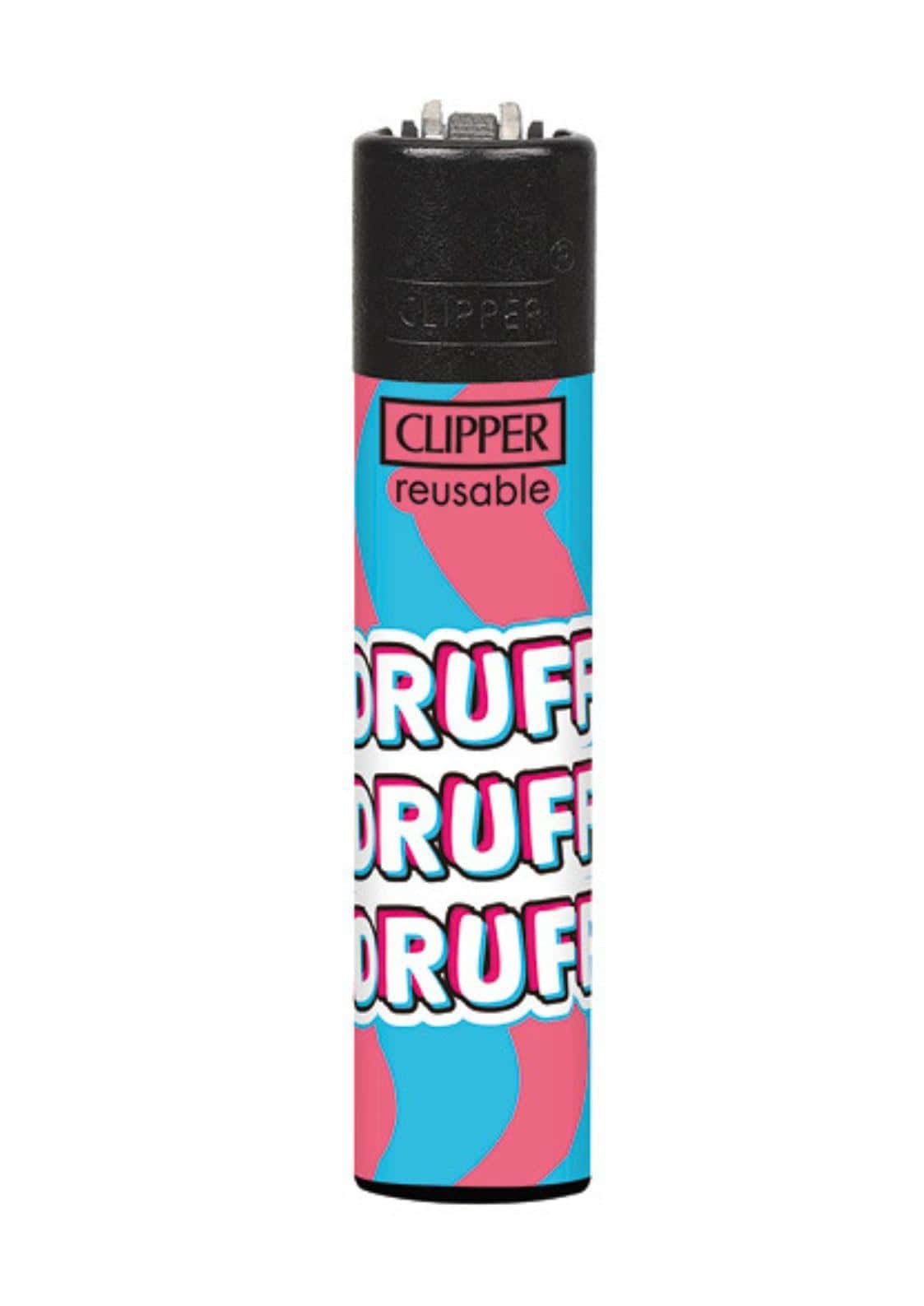 Ein druff druff nachfüllbares clipper feuerzeug mit pink-blauem swirl-muster und retro weißer schrift für gothic festivals